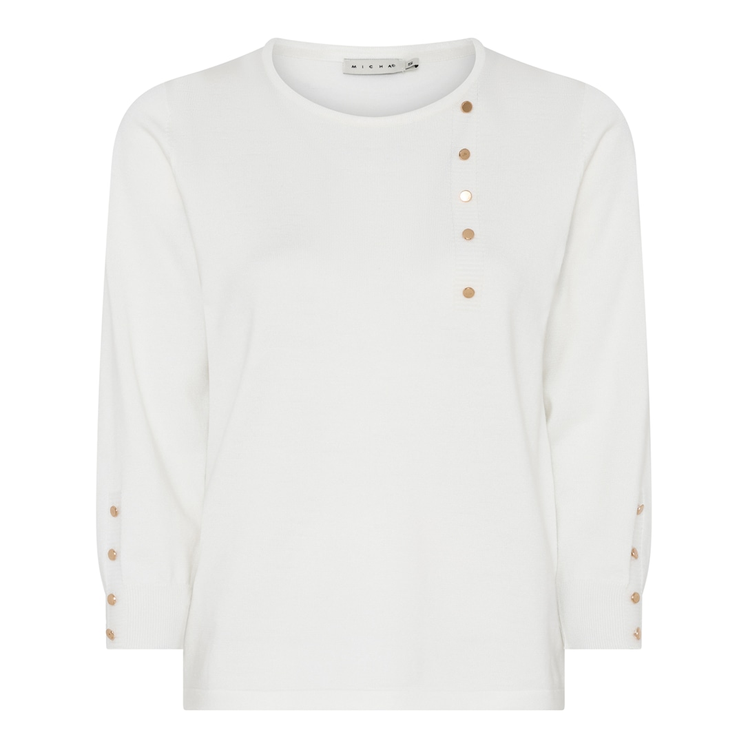 MICHA Strikbluse Dame 3/4 Ærmer Rund Hals Viscose Strik med Guldknapper - Offwhite - L