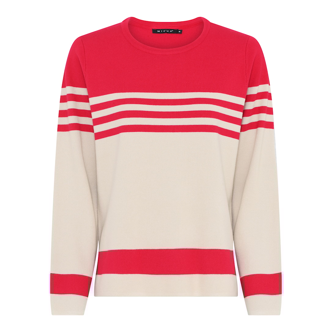 MICHA Sweater Oversized Rund Hals Milano Forårs Strik - Rød/Sand - XL