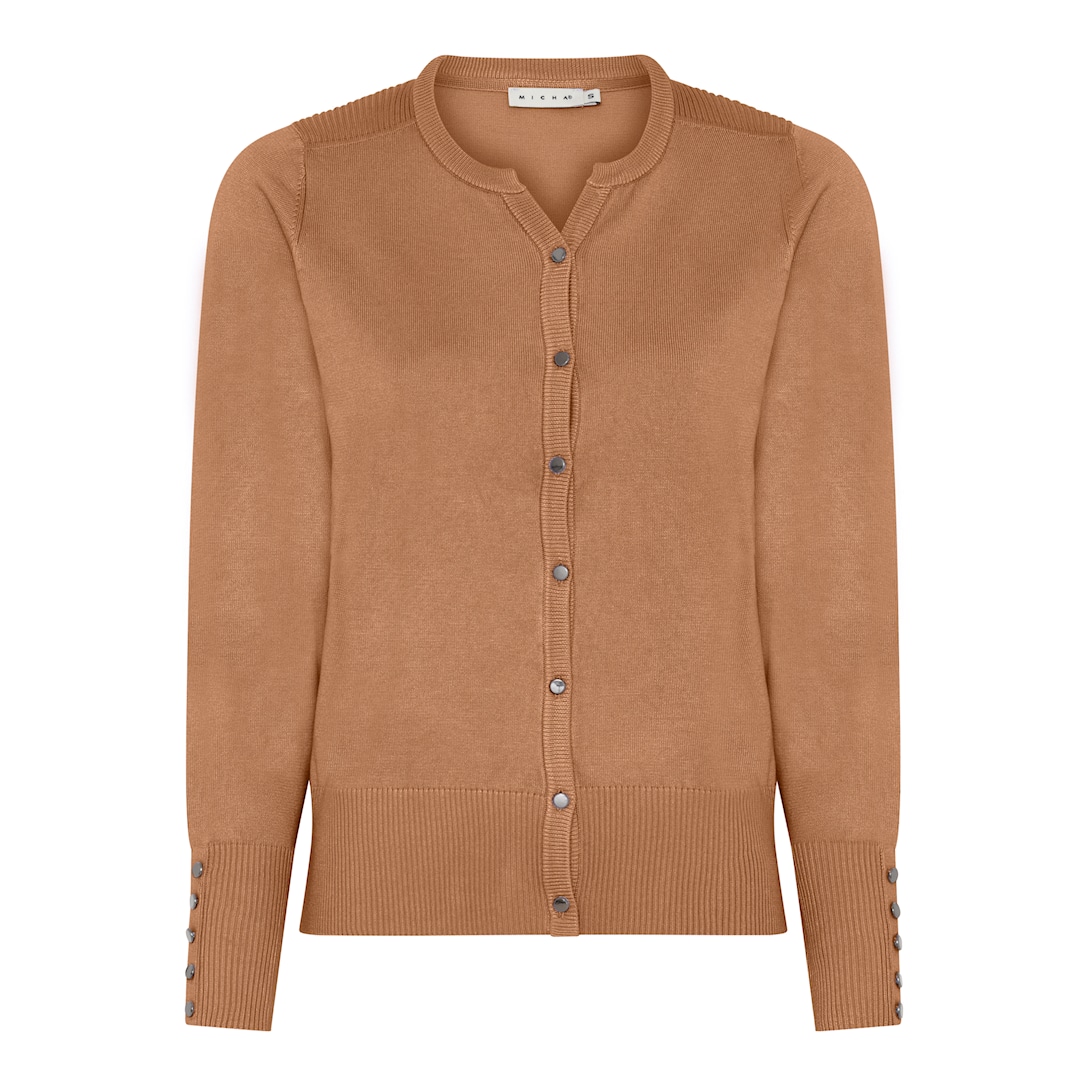MICHA Cardigan Dame Rund Hals Viscose Strik med Knapper og Rib - Brun - XXXL