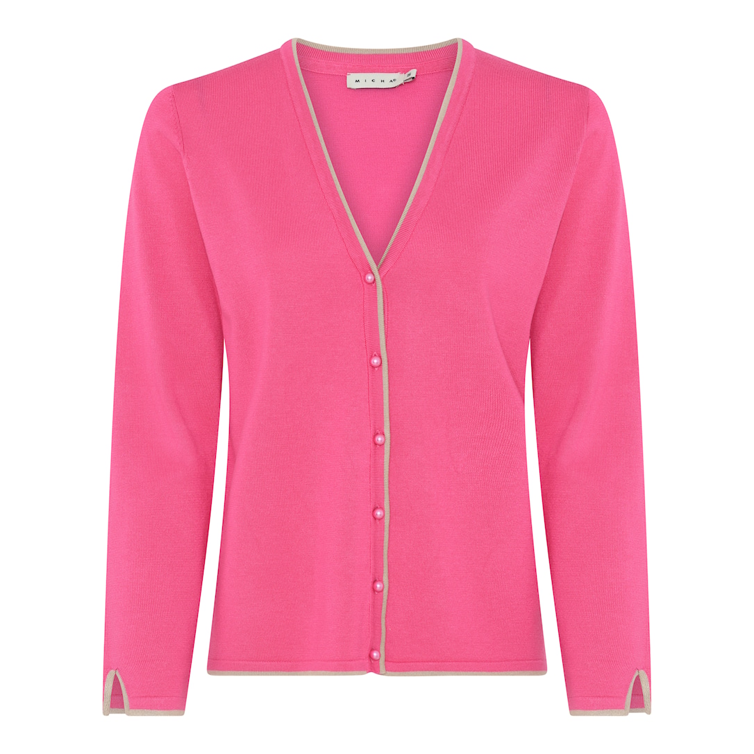 MICHA Cardigan Dame V-hals Viscose Strik med Kontrastkant og Perleknapper - Pink - L