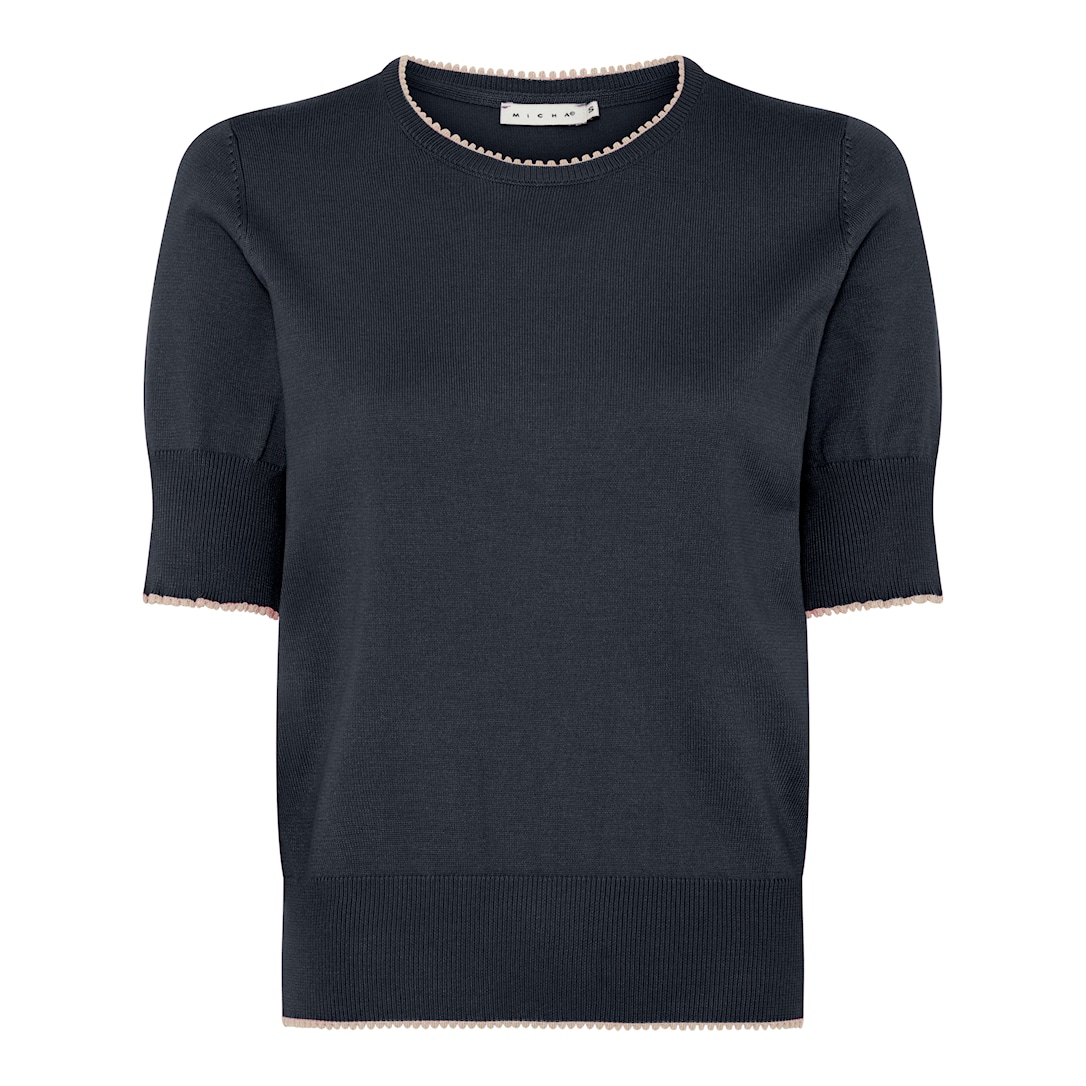 MICHA Strikbluse Dame Korte Ærmer Rund Hals Viscose Strik med Kontrastkant - Navy - L