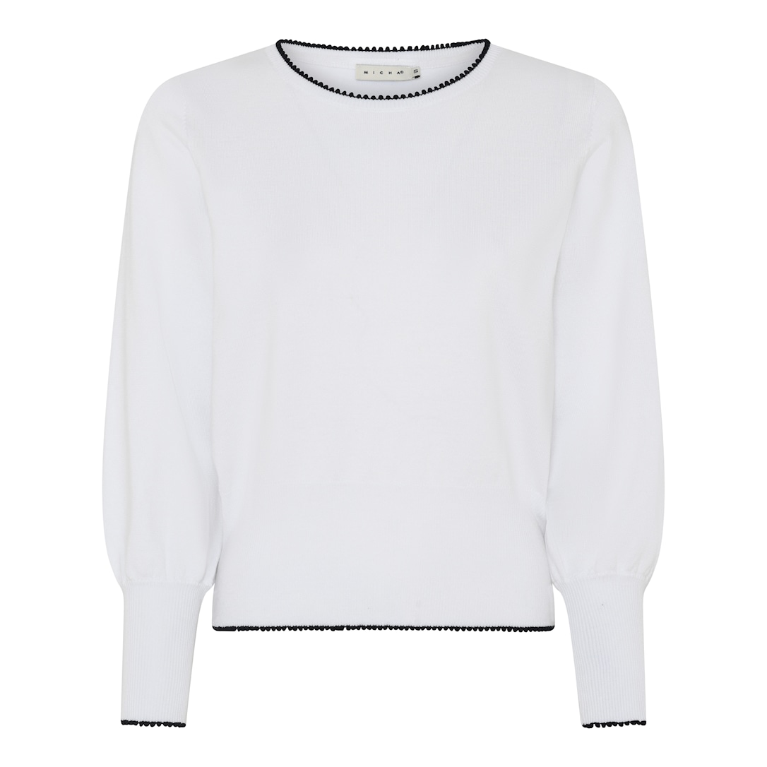 MICHA Strikbluse Dame Rund Hals Viscose Strik med Ballonærmer og Kontrastkant - Kridhvid - 4XL