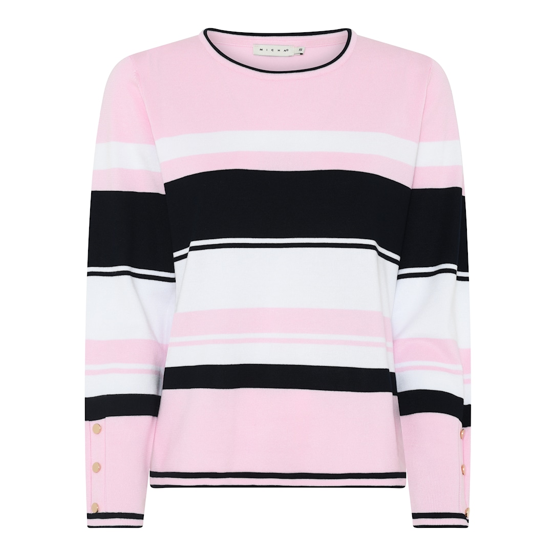 MICHA Strikbluse Dame Rund Hals Stribet Viscose Strik med Knapper - Rosa/Navy - 4XL