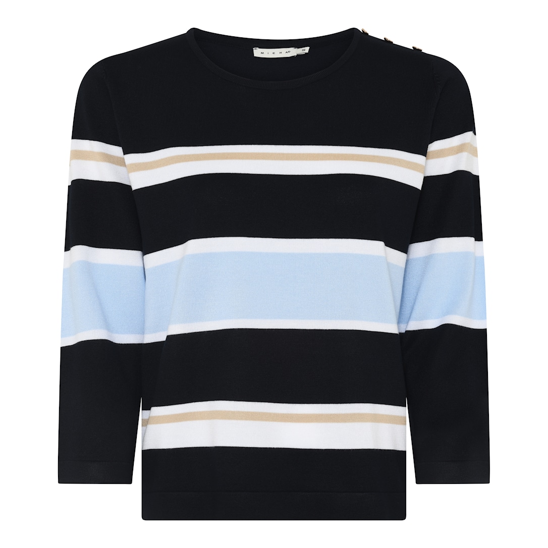 MICHA Strikbluse Dame 3/4 Ærmer Rund Hals Stribet Viscose Strik med Knapper - Navy/Sand - 4XL