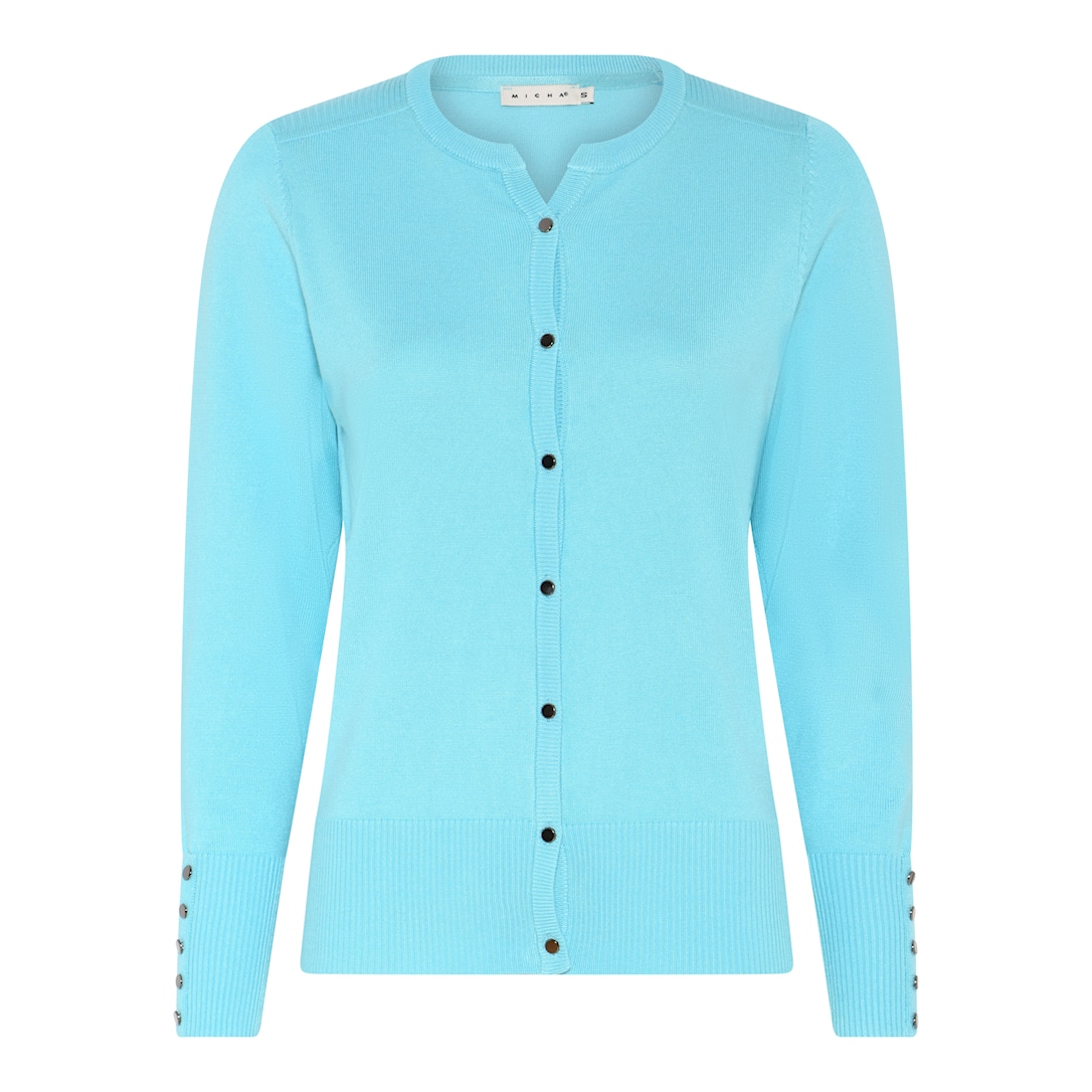 MICHA Cardigan Dame Rund Hals Viscose Strik med Knapper og Rib - Aqua Blå - L