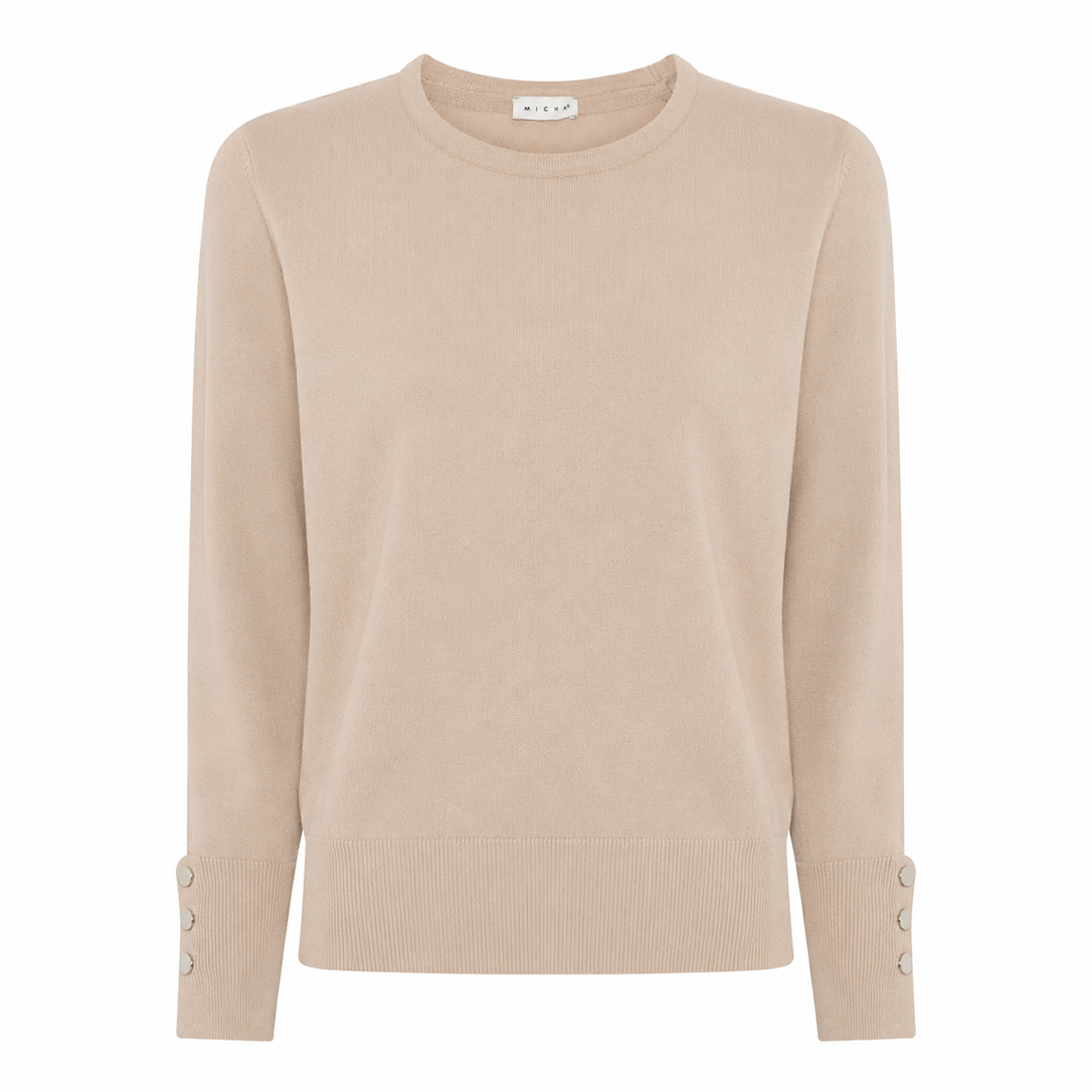 MICHA Strikbluse Dame Rund Hals Viscose Strik med Knapdetalje - Kamel - L