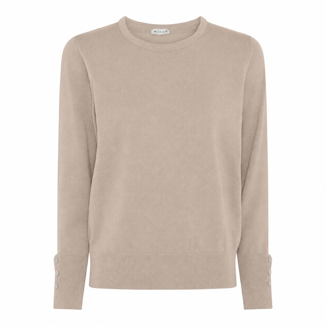 MICHA Strikbluse Dame Rund Hals Viscose Strik med Knapdetalje - Kamel - L