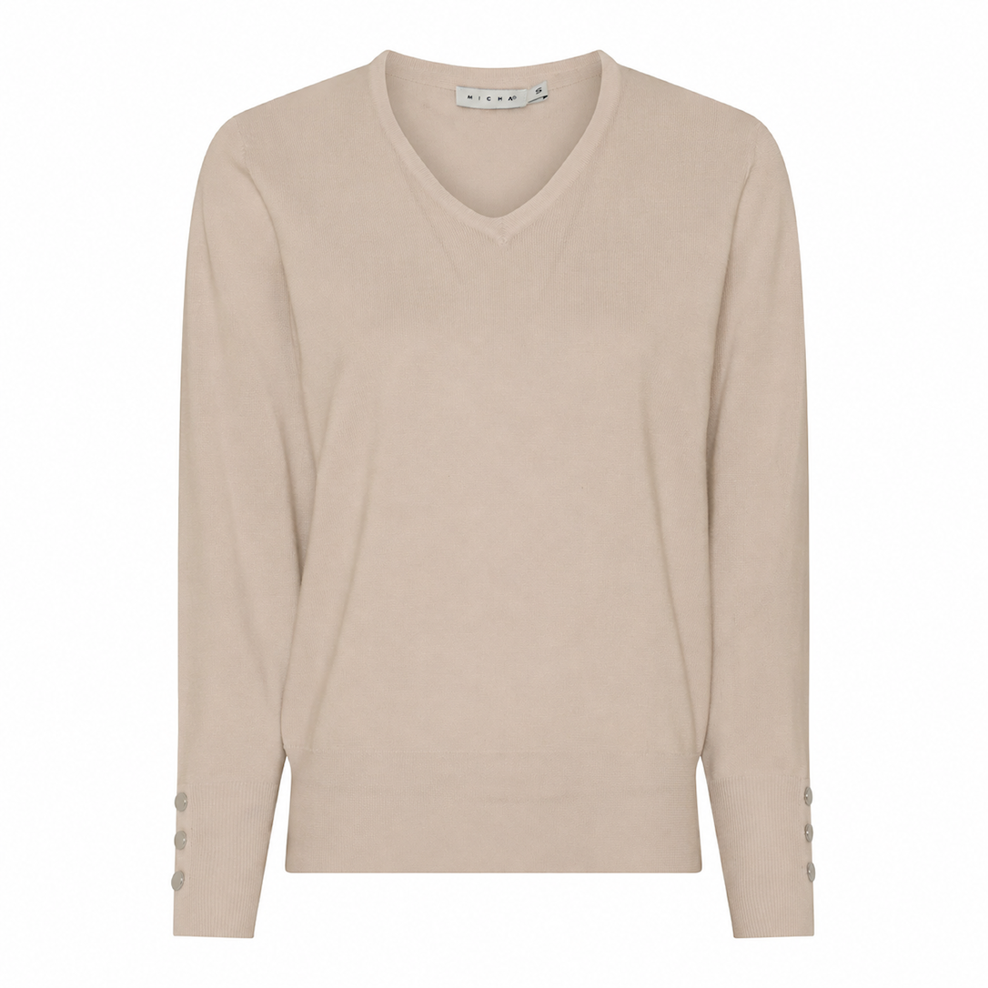MICHA Strikbluse Dame V-hals Viscose Strik med Knapdetalje – Kamel – L