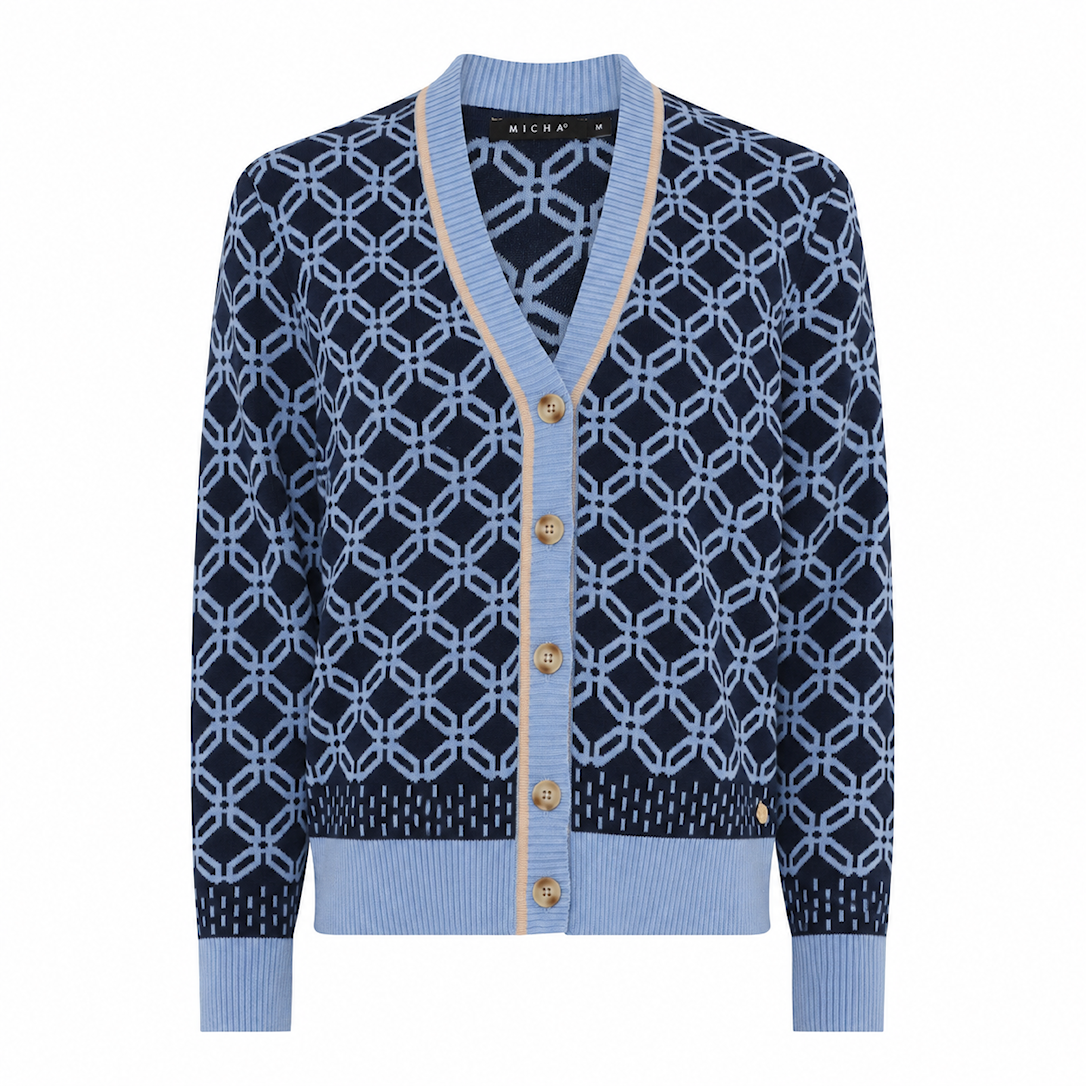 MICHA Cardigan Dame V-hals Strik med Jacquard og Kontrastkant - Navy/Blå - L