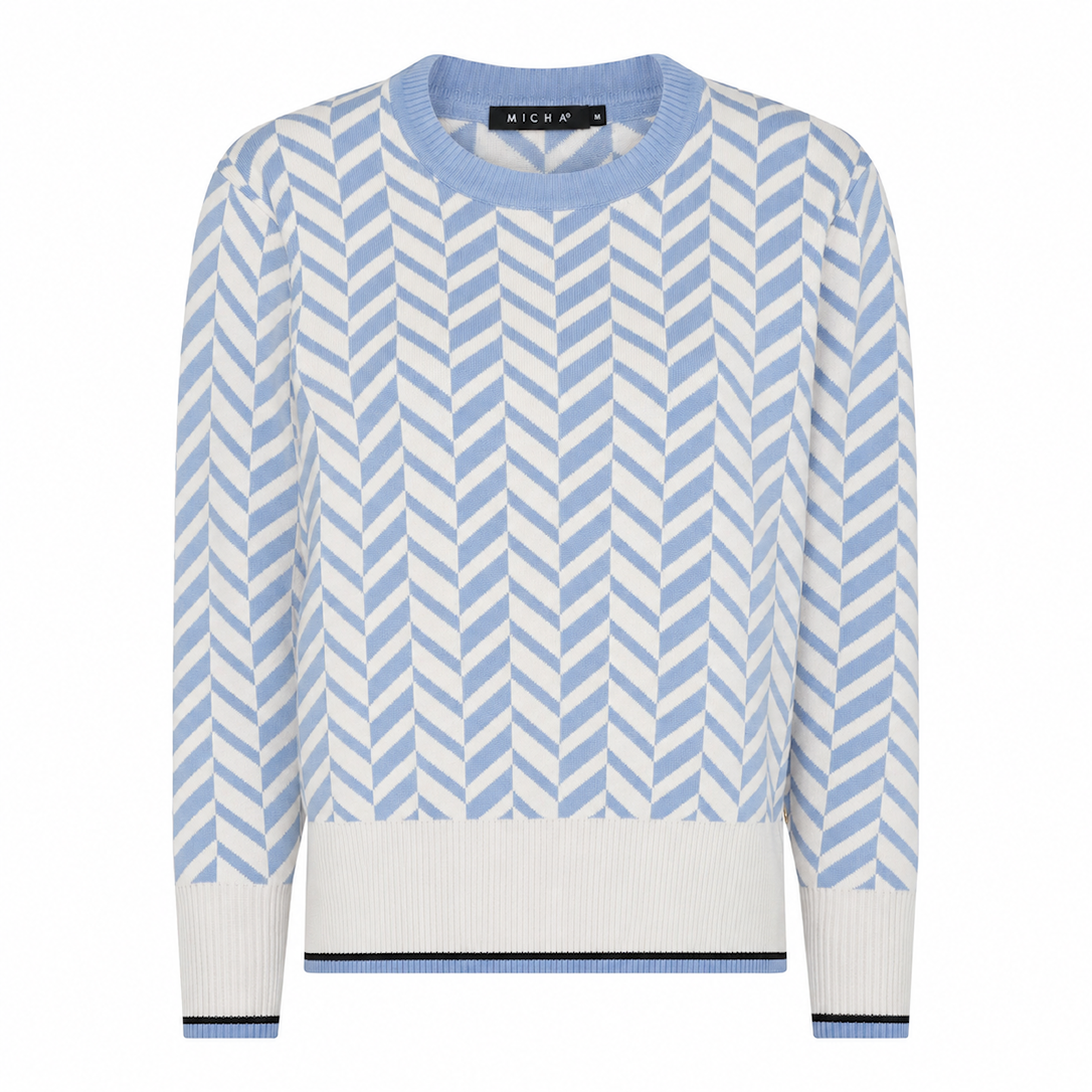 MICHA Strikbluse Dame Rund Hals Strik med Jacquardmønster - Offwhite/Blå - L