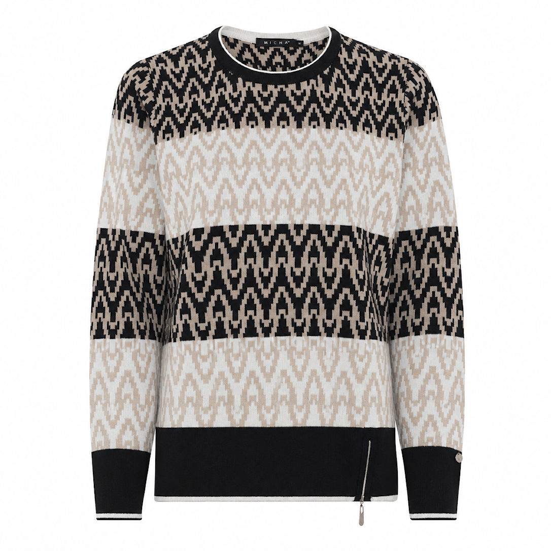 MICHA Strikbluse Dame Rund Hals Strik med Jacquardmønster - Sort/Offwhite - L