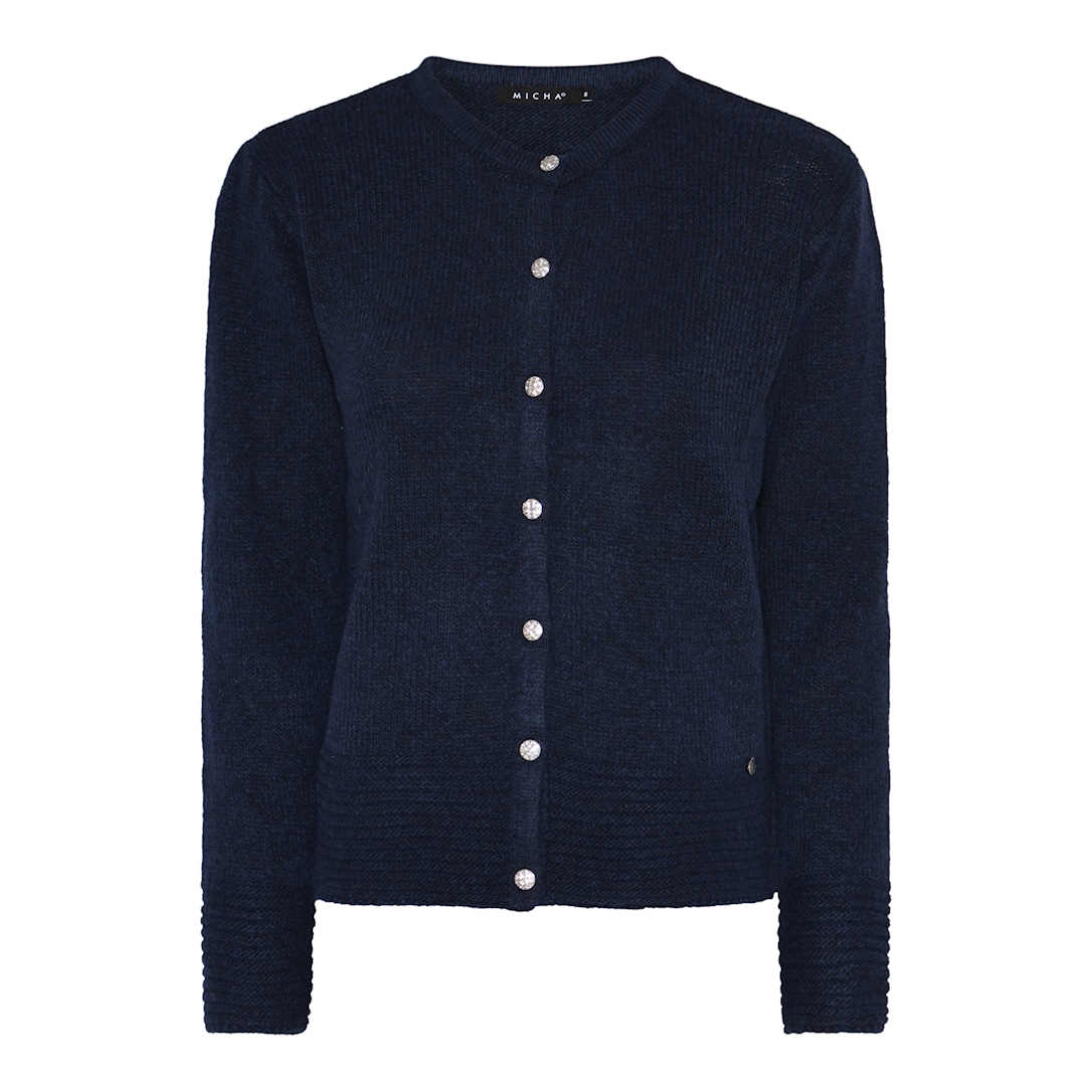 MICHA Cardigan Dame Rund Hals Strik med Smykkeknapper - Navy Melange - L